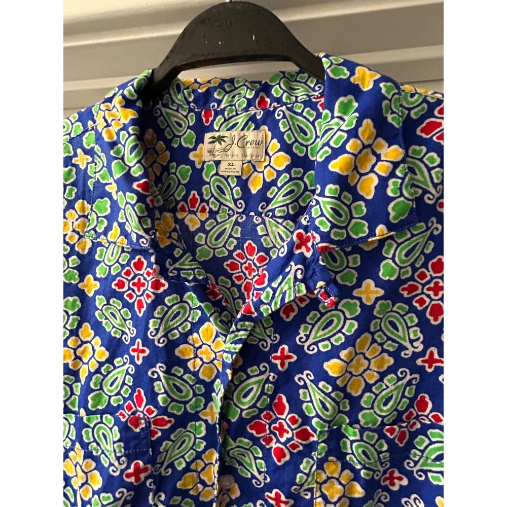 J Crew Mens XL Re-Imagined Slub Cotton Camp Collar Short Sleeve Blue Shirt Retro